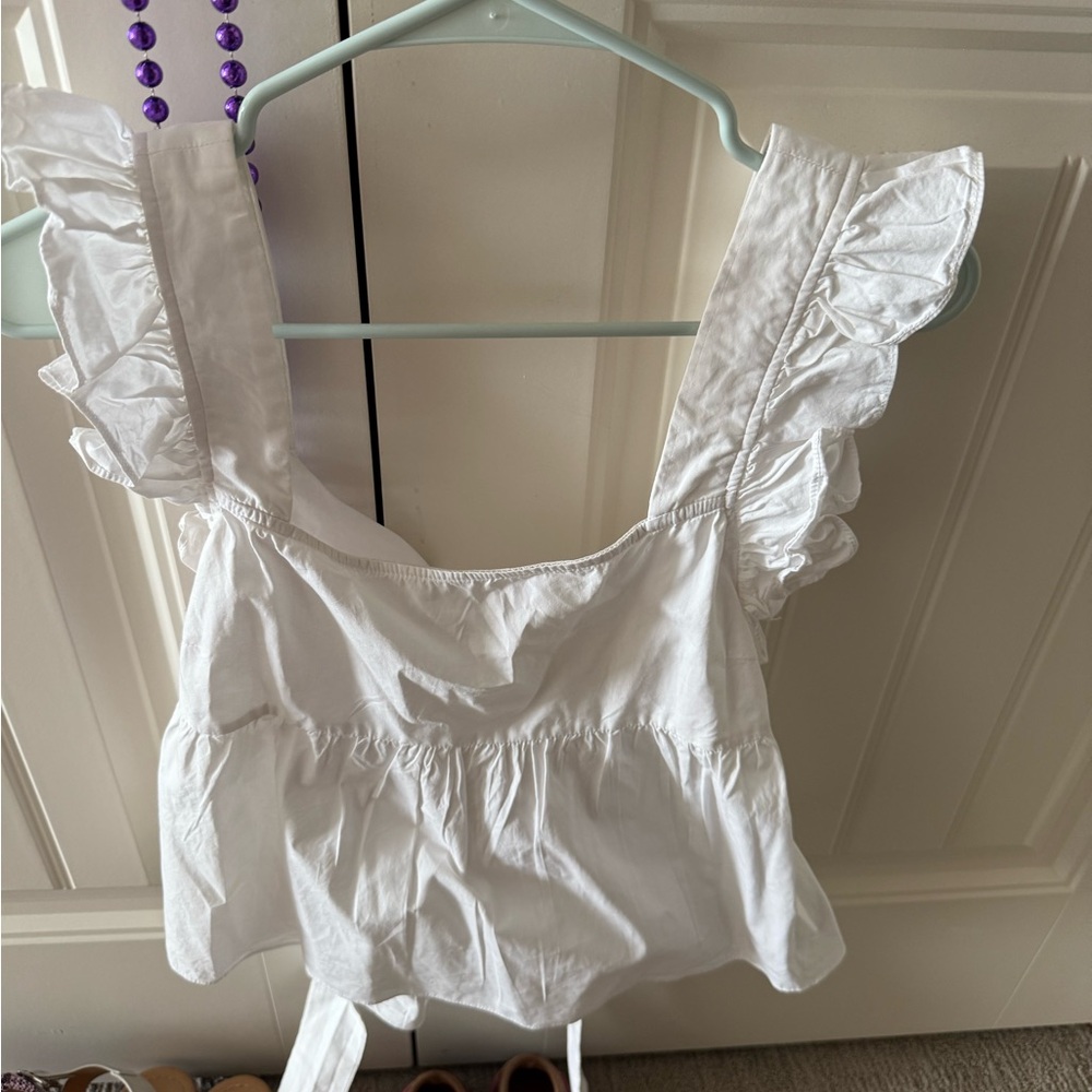 White Ruffle Sleeve Blouse Tie Bow Back